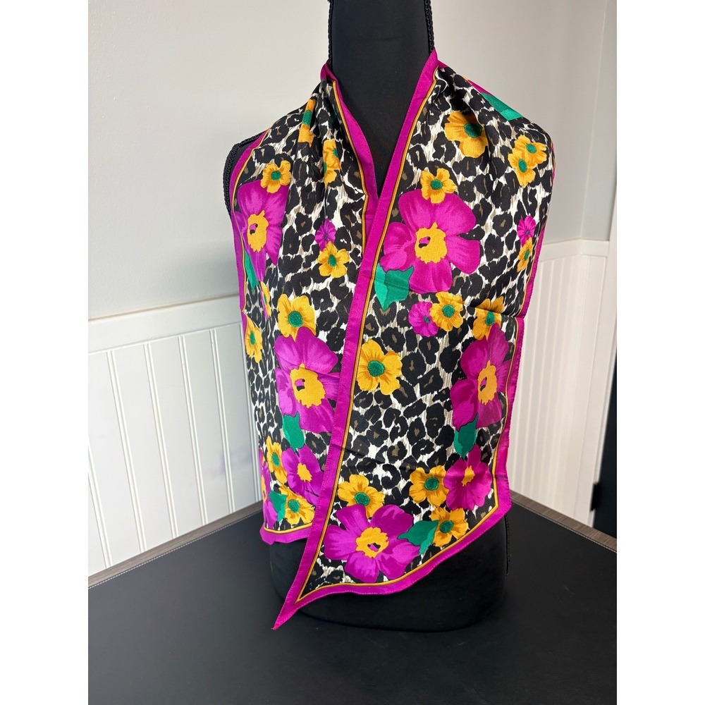 Liz Claiborne Vintage Floral Leopard Print Scarf Pink Yellow Animal Print 54x8